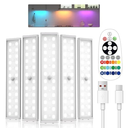 Under Cabinet Lighting ,15 Colors Motion Sensor Light Indoor Night Lights with Remote,58LED RGB Under Cabinet Lights Bar ,Dimmable 5Pack Wireless Under Counter Lighting for Kitchen,Closet, Shelf