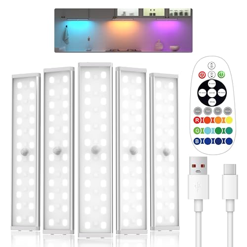 Under Cabinet Lighting ,15 Colors Motion Sensor Light Indoor Night Lights with Remote,58LED RGB Under Cabinet Lights Bar ,Dimmable 5Pack Wireless Under Counter Lighting for Kitchen,Closet, Shelf