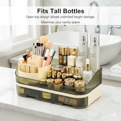 Makeup Organizer Countertop with Dual Drawers, Large Capacity Cosmetic Storage for Vanity Bathroom Skincare, 360° Rotating Makeup Brush Holder - color: green
