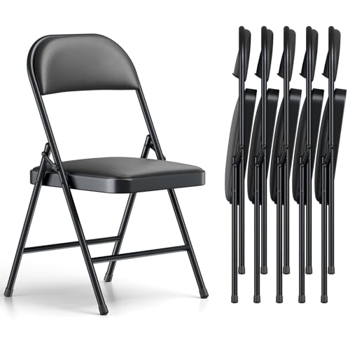 Folding Chairs 6 Pack, PU Leather Padded Folding Chairs for Outside and Indoor, Heavy Duty Portable Foldable Metal Commercial Seat for Home Office, Dorm, Party, Backyard, Lawn, Patio, Black - color: Black, size: 6 Pack