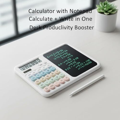 Calculator with Writing Tablet, Desktop Calculator with LCD Notepad, 12-Digit Large Display, Dual Power (Solar & AAA Battery), Erasable Memo Pad with Stylus for Office Finance School (Pink) - color: Pink