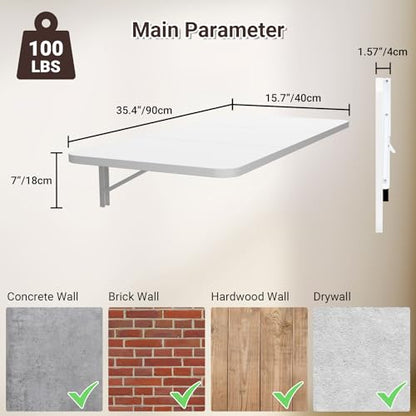 Neoaider Wall Mounted Folding Desk 35.4” x 15.7”, White - color: White, size: 35.4" x 15.7"