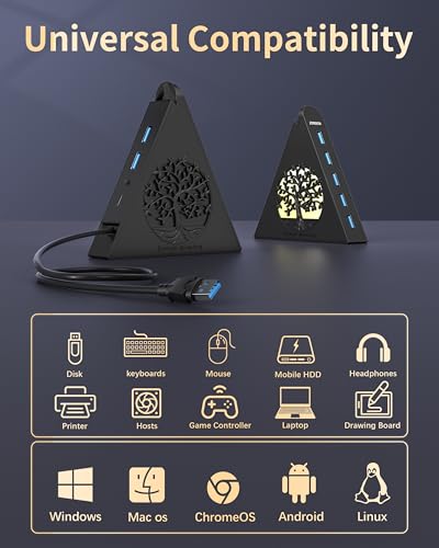 7-Port USB 3.0 Hub, Vertical USB Hub Splitter with RGB Lighting, 5Gbps High-Speed Data Transfer and 2FT Extension Cable, Compatible with Laptop, PC, Desktop, MacBook, PS5, Xbox, Flash Drive - color: 2-Tree Black