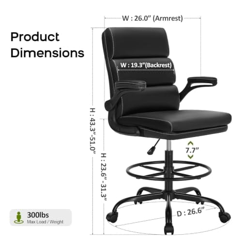 amseatec Drafting Chair, Tall Office Chair with Footrest for Standing Desk | 3-zone backrest and dual-layer cushion add comfort; 90° flip-up armrests plus adjustable foot ring fit counter-height tables - color: Black