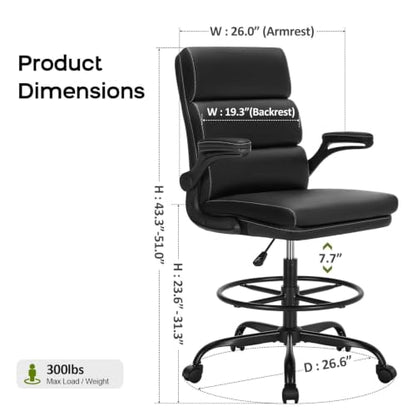 amseatec Drafting Chair, Tall Office Chair with Footrest for Standing Desk | 3-zone backrest and dual-layer cushion add comfort; 90° flip-up armrests plus adjustable foot ring fit counter-height tables - color: Black