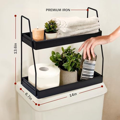 Demigo 2-Tier Bathroom Countertop Organizer, Black Acacia Wood Storage Rack | 13.6 x 14 x 6.7 inches Counter Standing Rack, Storage Shelf for Vanity Kitchen Counter Office Desk Makeup & Cosmetic