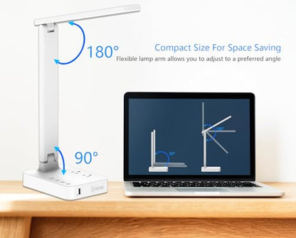 Drevet LED Desk Lamp, Desk Light with 1 USB Charging Port and 2 AC Power Outlet, 3 Lighting Modes, 3 Level Brightness,1H Timer, Touch Control, Eye-Caring Home Office Foldable Table Lamp (White) - color: White