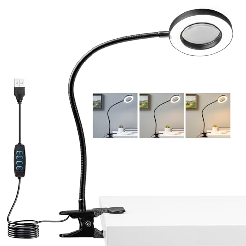 LALISU Clip on Lamp, 5X Magnifying Glass with Light LED Desk Clip Lamps | Clamp Desk Lamp Bright Clip Light for Bed Bedside Table, Reading Light for Bed, Desk Lights (Black with Magnifying) - color: Black with magnifying