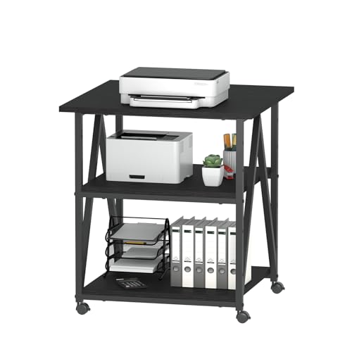 Arbuxzuy 3-Tier Printer Stand, Large Printer Table with Storage, Industrial Printer Storage Cart with Wheels, Rolling Printer Stand for Heat Press Scanner Fax, Black - color: Black