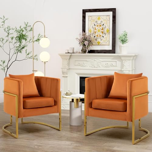 Velvet Accent Barrel Chairs Set of 2, Modern Arm Club Chair Set with Pillow for Living Room/Bedroom/Guest Reception, Channel Tufted, Gold Finish Base, Orange - color: Orange, size: 2 PCS