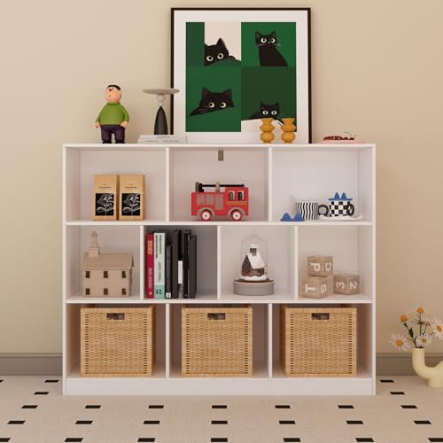 10-Cube Wooden Bookcase,3-Tier Freestanding Storage Cubes with Base,Multi-Purpose Open Shelving for Books,Toys,Bins,Decor – Home Office,Bedroom,Living Room Organizer - color: White, size: 10-Cube