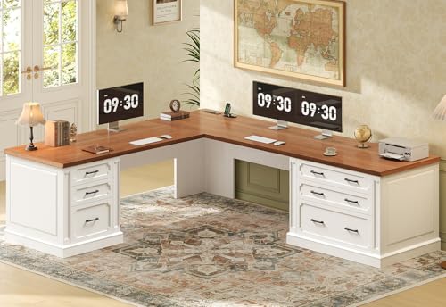 SEDETA Farmhouse 78.8" L Shaped Desk with 6 Drawers, Home Office Desk with Power Outlet, File Cabinet Storage, Wood Corner Computer Desk for Work and Study, White+Brown - color: White+brown, size: 78.8" L Shaped Desk