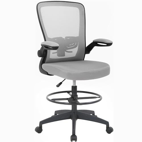 PayLessHere Ergonomic Drafting Chair Tall Office Chair High Adjustable Standing Desk Chair with Lumbar Support Mesh Back Footrest Flip-Up Arms for Office Computer Desk Standing Desk, Grey - color: Grey