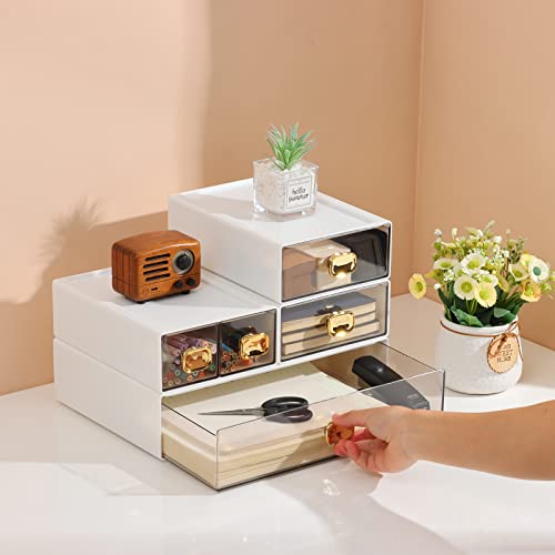 Desktop Storage Drawers, Stackable Countertop Organizer with Drawers - color: 4 Mixed Drawers, White