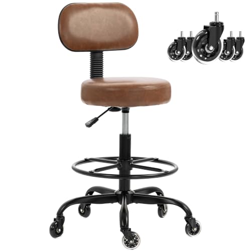 Finnhomy Drafting Chair with Footrest, Tall Office Chair with Back Support, Adjustable Seat Height (22"-30") Heavy Duty Stool with Wheels for Home Kitchen Bar Tattoo Spa Salon Desk, Brown - color: Brown