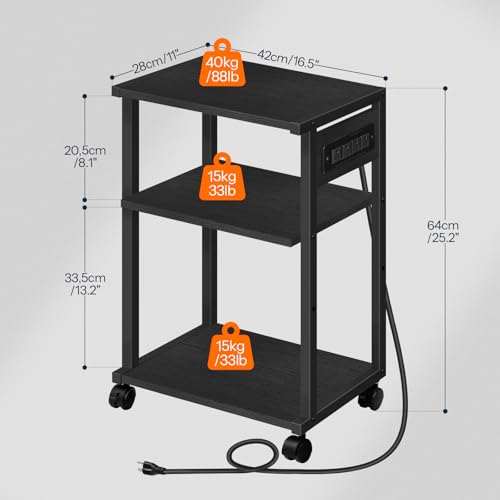 HOOBRO Industrial Printer Stand with Charging Station, 3-Tier Printer Table, Rolling Printer Cart with Adjustable Shelf and Hook, Black BB28UPS01 - color: Black
