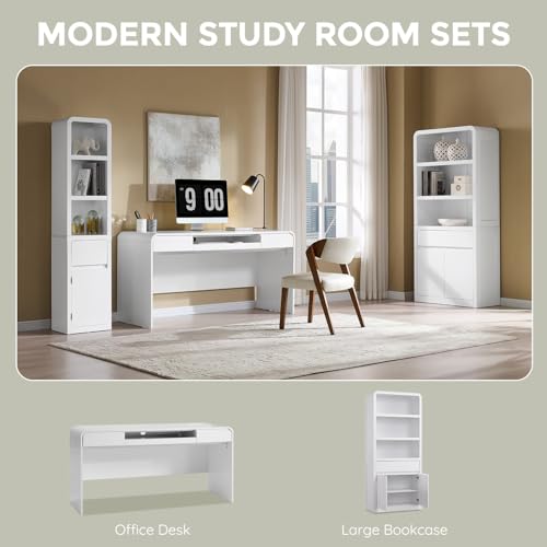 72" Tall Modern Bookshelf with Doors, 5-Tier Large Bookcase w/Drawer, Wooden Storage Cabinet w/Adjustable Shelves, Versatile Book Shelf w/Curved Profile Design for Living Room, Office, White - color: White