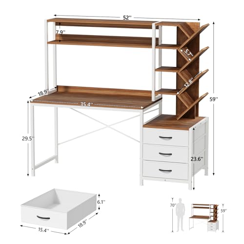 YOMILUVE 52" Computer Desk with Bookshelf, 3 Drawers ＆ Hutch for Bedroom | Office Desk with Printer Shelf, Study Writing Desk with Storage Shelves, Brown and White - color: Brown and White