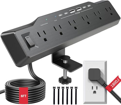 Desk Clamp Power Strip Surge Protector, 6 Outlets, Flat Plug, 1800J, 4 USB-C Ports (Any Port 35W), for Home & Office, Flame-Retardant PC-ABS Housing, Fits 1.96" Desk Edge, Black - style: Desk Clamp Socket - Black