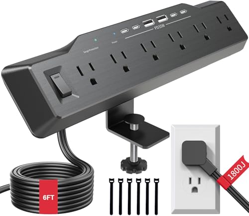 Desk Clamp Power Strip Surge Protector, 6 Outlets, Flat Plug, 1800J, 4 USB-C Ports (Any Port 35W), for Home & Office, Flame-Retardant PC-ABS Housing, Fits 1.96" Desk Edge, Black - style: Desk Clamp Socket - Black