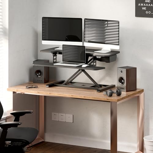FLEXISPOT 35 inch Electric Standing Desk Converter, Motorized Stand up Desk Riser, Monitor and Laptop Workstation with Wide Keyboard Tray, Black - color: Black, size: 35"