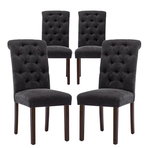 COLAMY Button Tufted Dining Chairs Set of 4, Accent Parsons Diner Upholstered Fabric Dining Room Stylish Kitchen Chairs with Solid Wood Legs and Padded Seat, Black - color: Black, size: set of 4
