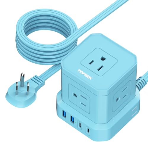 TOPREK Surge Protector Power Strip, 10 FT Flat Extension Cord with 5 Outlets, 2 USB-C & 2 USB-A, Power Strip with USB for Living Room, Nightstand, Office, Travel, Desk Charging Station, 700J - color: Blue