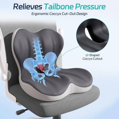 Cool & Dry Seat Cushion & Back Support for Coccyx & Lumbar Relief - color: Gray/White Airflow
