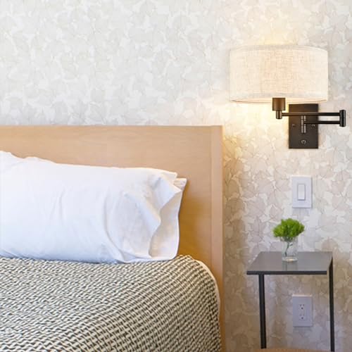 SAMTEEN Plug in Wall Sconce Swing Arm Wall Lamp with Linen Drum Shade | Modern Farmhouse Black Sconces Lighting with ON/OFF Switch Plug Cord, Beige Fabric Shade Wall Lamps for Bedroom Living Room