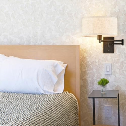 SAMTEEN Plug in Wall Sconce Swing Arm Wall Lamp with Linen Drum Shade | Modern Farmhouse Black Sconces Lighting with ON/OFF Switch Plug Cord, Beige Fabric Shade Wall Lamps for Bedroom Living Room