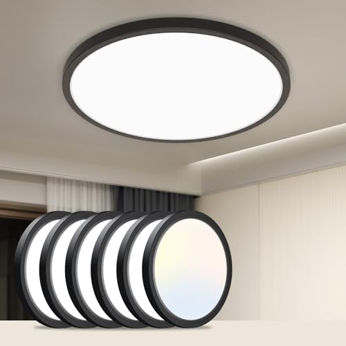 slochi 6Pack LED Flush Mount Ceiling Light Fixture, 9 Inch Light Fixture, 3000K-4000K-6500K Round Flat Bedroom Lights, Closet Round Surface for Bathroom Laundry Bedroom Hallway - color: Black, size: 9inch-6Pack