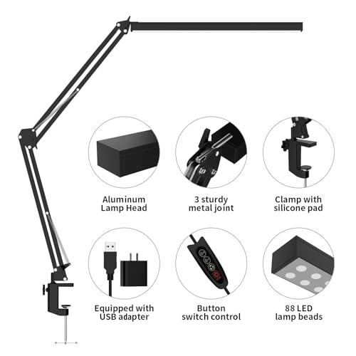 LED Desk Lamp, Manicure Table Lamp, Eye-Caring Drafting Light, Dimmable Office Table Lamp with 3 Color Modes, 10 Brightness Levels & Adapter, Memory Function(Black) - color: Black