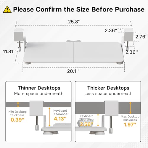 BONTEC Under Desk Keyboard Tray, Pull-Out Keyboard & Mouse Platform | C-Clamp Mount, Space-Saving Ergonomic Slide-Out Drawer, 31.3 in Including Clamps, 20 x 11.8 in Tray, White - color: White, size: 20" x 11.8"