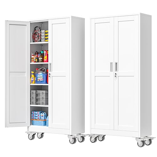 PAOFIN 71''H Tall Metal Garage Storage Cabinet with Wheels,Steel File Cabinets with 2 Doors and 4 Adjustable Shelves for Home Office, Warehouse, Required Assembly,White - color: White, size: 71"