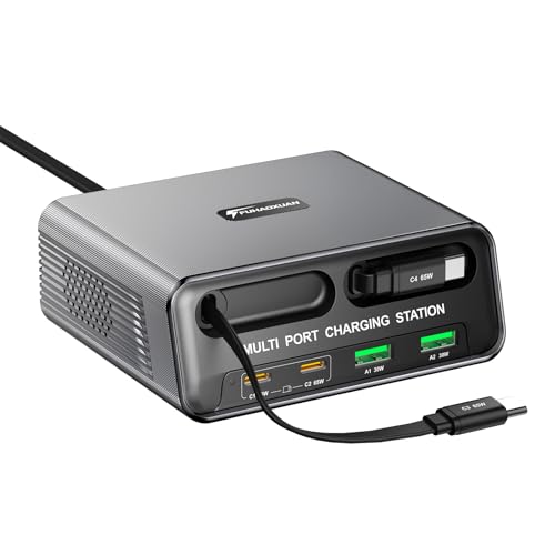 6-in-1 Retractable USB C Charger Block, 100W GaN Fast Charging Station for Multiple Devices with Dual Retractable Cables, PD 65W Compatible with MacBook Pro, Dell, Steam Deck, iPhone 17/16, Galaxy S26
