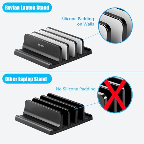 Vertical Laptop Stand, 3 Slot Adjustable Laptop Storage Rack and Desk Organizer, Silicone-Padded Holder for Multiple Devices Storage, Compatible Stand for Tablets and Devices up to 17 Inches