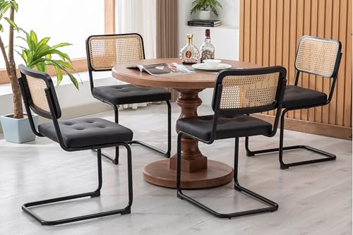 KCC Modern Dining Chairs Set of 4, Faux Leather Rattan Chair,Black | Mid Century Kitchen Side Chairs with Metal Legs and Upholstered Seat for Dining Room,Living Room,Bedroom - color: Black, size: Set of 4