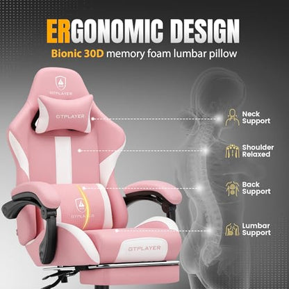 GTPLAYER Gaming Chair with Foot Rest & Pocket Spring Cushion, Ergonomic High Back Computer Chair with Headrest & 360°-Swivel Seat for Home Office Desk, PU Leather, Pink - color: Pink, size: Faux Leather