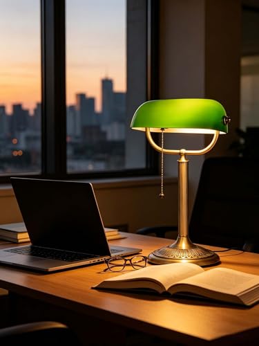 1-Minute Quick-Change Shade Classic Green Glass Bankers Desk Lamp | Study Office Library, LED Bulb Included - color: Green