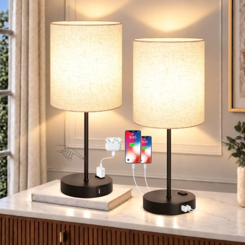 Lynnoland 2 Pack Touch Control Table Lamps with 2 USB & AC Outlet, 3-Way Dimmable Bedside Nightstand Lamps for Bedroom Living Room Nursery, 800 Lumens 3000K Warmlight Bulbs Included - color: Natural Linen & Matte Black