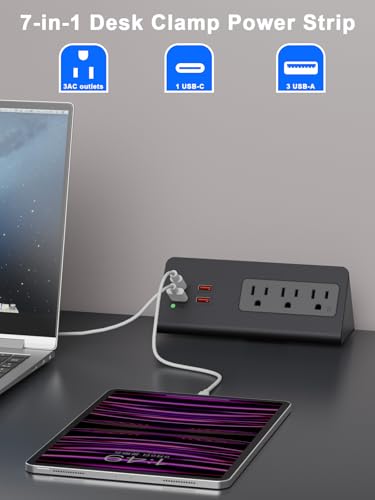 Desk Clamp Power Strip 3 AC 4 USB PD 20W USB-C for Nightstand&Office Tables | Nightstand Charging Station,Tamper-Resistant，Surge Protector，6.6 FT flat plug