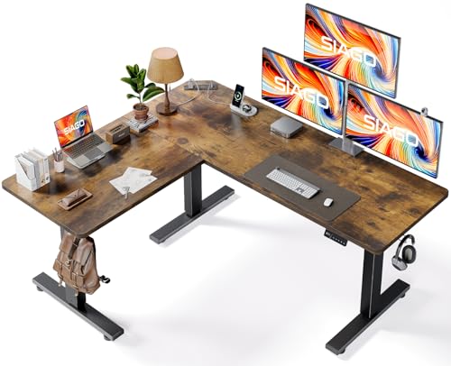 SIAGO L-Shaped Standing Desk - 63 x 55 Inch Adjustable Corner Standing Desk with Charging Station - L Shape Sit Stand Table with Memory Controller, Splice Board for Home Office - color: Rustic Brown, size: 63 x 55 Inch