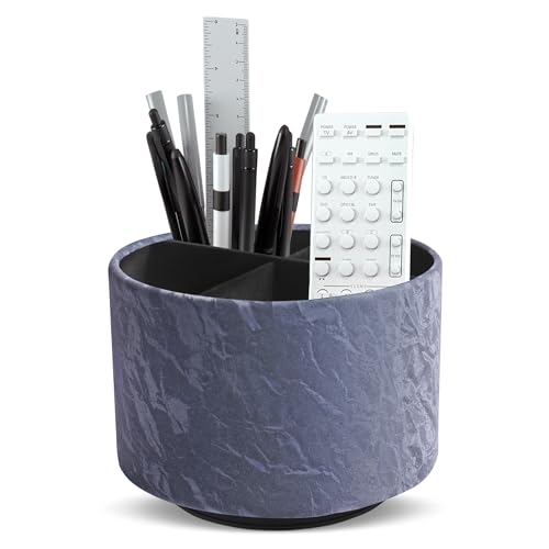 Round Leather Art Supply Organizer,Remote Control Holder,360 Degree Spinning,Multi-Functional Pencil Holder,4 Compartments Desktop Stationary Organizer(1-Hill Blue) - color: 1-Hill Blue