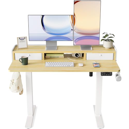 YIHAYO Electric Standing Desk with Drawers, 48 x 24 Inches Adjustable Desk with Storage Shelf, Stand Up Desk with Splice Board, Computer Table for Home Office, White Frame/Natural Top - color: White Frame/Natural Top, size: 48*24 Inch