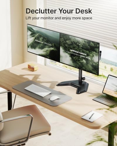 monTEK Freestanding Dual Monitor Stand for 17-32" Screens, 22 lbs Each | Solid V-shaped base, dual-screen full-motion arms, height adjustment, tilt, swivel, rotation and VESA 75/100 - size: Dual Monitor