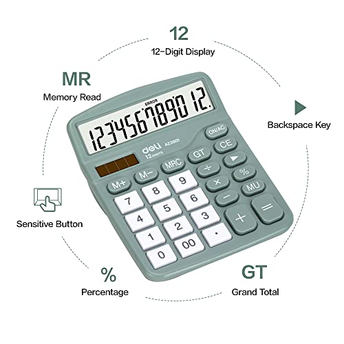 Calculator, Deli Standard Function Desktop Calculators with 12 Digit Large LCD Display and Sensitive Button, Solar Battery Dual Power Office Calculator, Green - color: Green