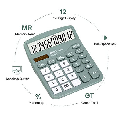 Calculator, Deli Standard Function Desktop Calculators with 12 Digit Large LCD Display and Sensitive Button, Solar Battery Dual Power Office Calculator, Green - color: Green