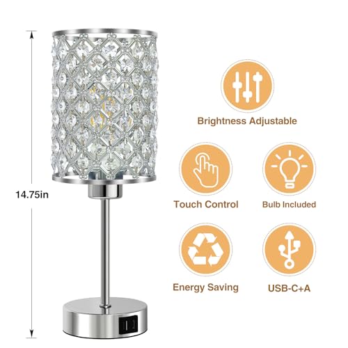 Crystal Table Lamp, Silver Touch Lamp with USB C+A Port, 3-Way Dimmable - color: Silver-1, size: 14.75"