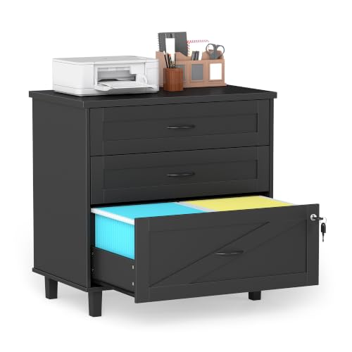 Quikraen 3-Drawer Wooden File Cabinet with Lock, Large Lateral Filing Cabinet with Hanging File Folders, Farmhouse Style Office Organizer Printer Stand for Home Office, Black 32 inch