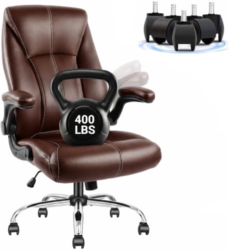Big and Tall Office Chair for Heavy People, 400LBS High Back Extra Wide Executive PU Leather Office Chair with Flip-Up Armrests, Smooth Caster Wheels, Comfortable Home Office Desk Chair (Brown) - color: Brown - Rubber Wheels